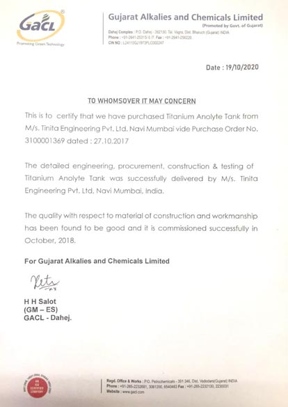 GACL certificate for Tinita Engineering for supply of Titanium Anolyte Tank, October 202