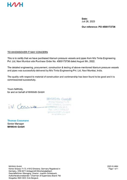 MHWirth GmbH certificate to Tinita Engineering for titanium pressure vessels and pipes delivery