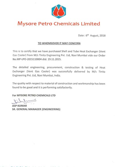 Mysore Petro Chemicals certificate to Tinita Engineering for supply of Shell and Tube Heat Exchanger