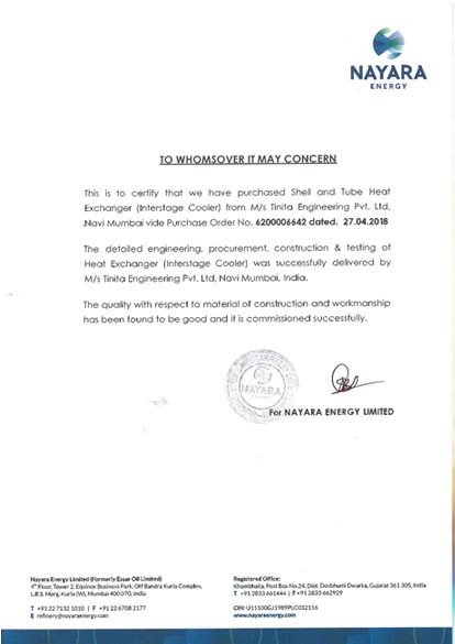 Nayara Energy certificate to Tinita Engineering for heat exchanger supply
