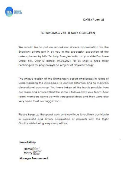 Technip Energies appreciation letter to Tinita Engineering for SS Shell & Tube Heat Exchangers, Jan 2023