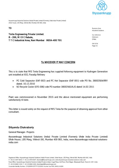 Thyssenkrupp certificate to Tinita Engineering for supply of equipment to IOCL Paradip Refinery