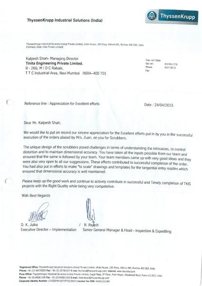 Thyssenkrupp appreciation letter to Tinita Engineering, April 2015